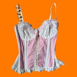 00's vintage gingham eyelet lace corset top y2k lingerie set Size 34 S/M